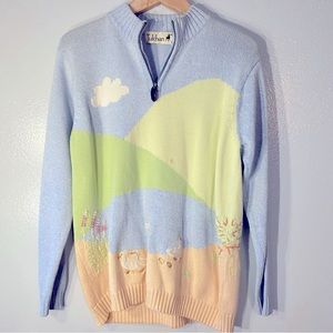 90s vintage 1/4 zip pastel knit sweater with embroidered ducks and flowers